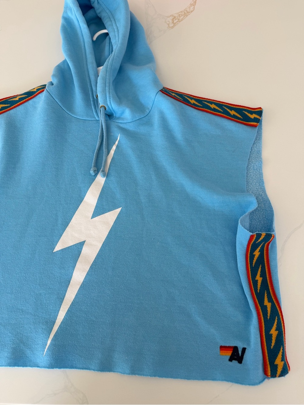 Aviator Nation Sky Blue Lightning Bolt Crop Hoodie with Multicolor Trim